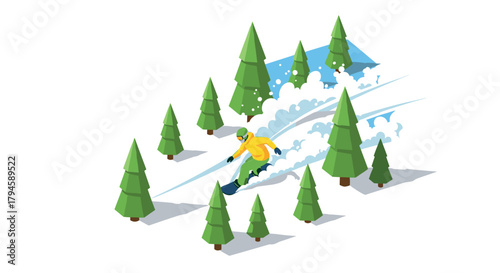 Isometric snowboarder gliding through pine forest in winter wonderland