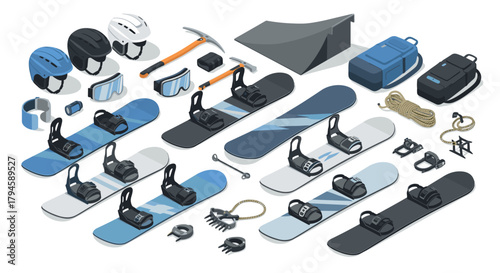 Winter sports equipment set with snowboards, helmets, and accessories in isometric style