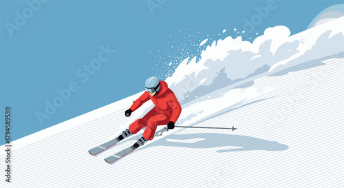 Dynamic winter sports skier descending snowy slope in red gear