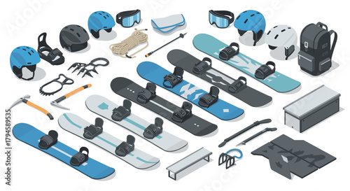 Snowboarding gear collection in isometric style boards, helmets, and accessories for winter sports