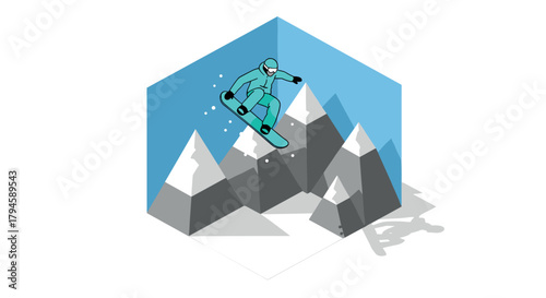 Snowboarder performing stunt in isometric mountain landscape with bold colors
