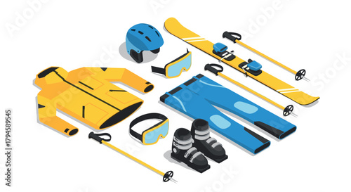 Winter sports gear collection with isometric ski equipment and protective wear