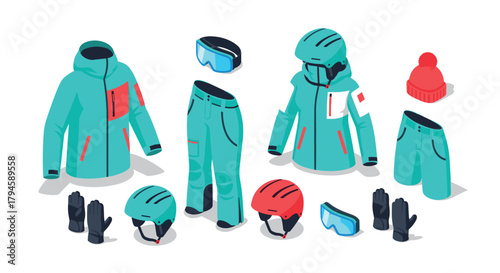 Isometric winter sports gear collection with jackets, helmets, and accessories