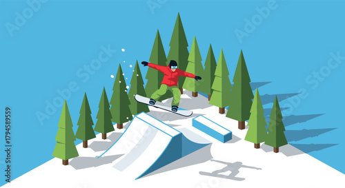 Snowboarder in midair trick on winter terrain with pine trees and ramp