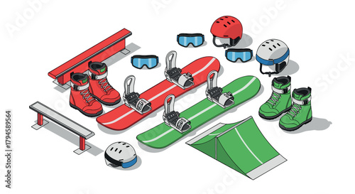 Isometric snowboarding equipment set with snowboards, helmets, and boots