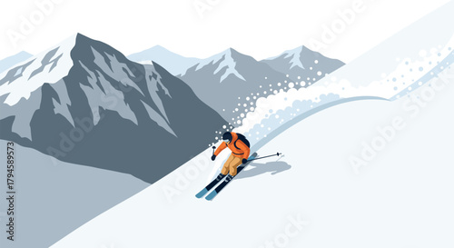 Dynamic skier descending a snowy mountain slope in a minimalist style