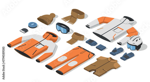 Isometric winter sports apparel set with jackets, helmets, and accessories