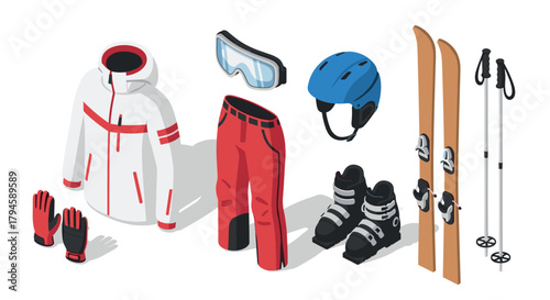 Isometric ski equipment set including jacket, pants, goggles, helmet, skis, poles, gloves, and boots