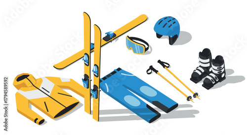 Isometric winter sports gear set with ski equipment, clothing, and accessories