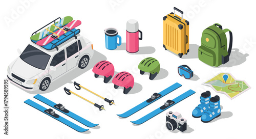 Isometric winter adventure gear collection with car and accessories