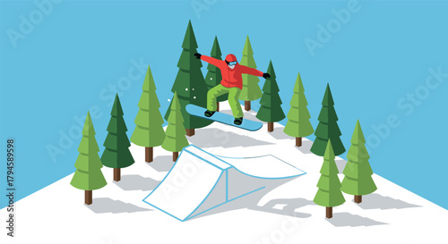 Snowboarder in midjump on wintry mountain amid pine trees, isometric style