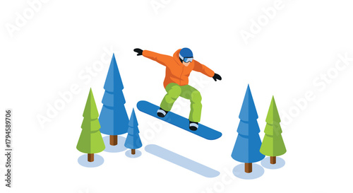 Isometric snowboarder jumping amidst colorful trees in winter landscape
