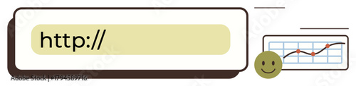 Web address bar with http text, graph with upward trend, and happy face symbol. Ideal for web search, online growth, internet progress, success, user satisfaction, digital analytics simple flat