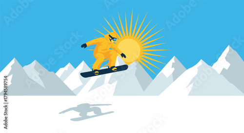 Snowboarder in action amidst majestic mountains and radiant sun in vibrant flat style