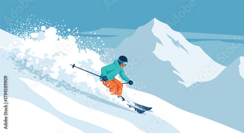 Dynamic skiing adventure in winter mountains with bold colors