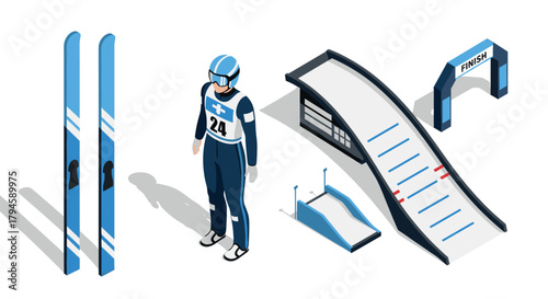 Winter sports equipment and athlete with ski jump ramp in isometric style