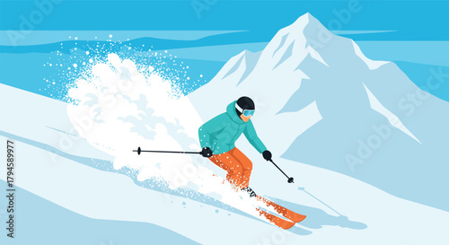 Winter adventure skiing down snowy mountains in vibrant style
