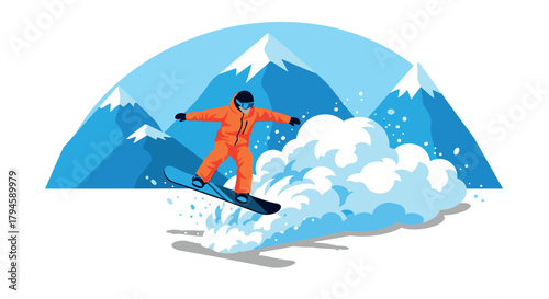 Snowboarder shredding powder in winter mountains with dynamic 2d style