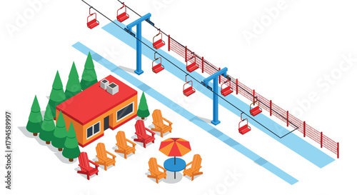 Isometric ski resort with chairlift and cozy cabin in snowy landscape