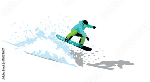 Dynamic snowboarding jump with vibrant colors and shadows