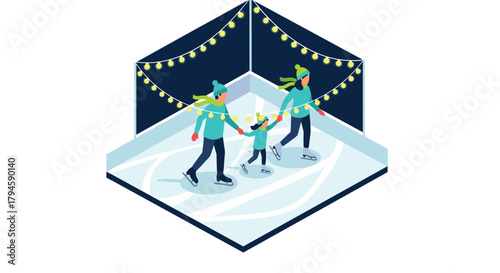 Family enjoying winter ice skating in festive lights isometric design