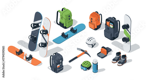Snowboarding gear collection in isometric style boards, backpacks, helmets, and more