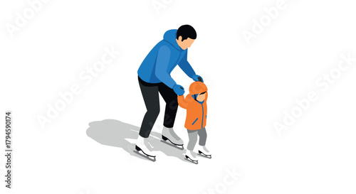 Father teaching child ice skating heartwarming winter activity in isometric style