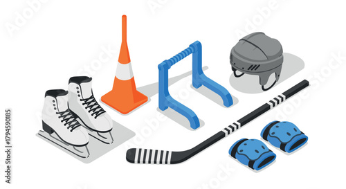 Isometric hockey gear essentials skates, stick, helmet, and safety equipment