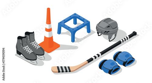 Isometric ice hockey equipment set with skates, helmet, and stick on white background