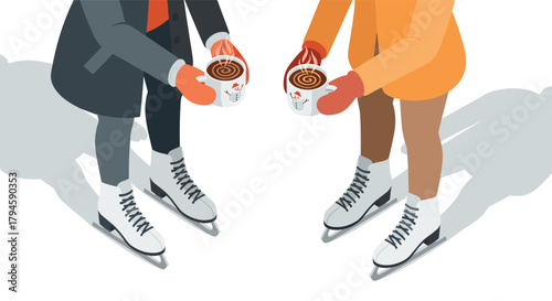 Isometric winter scene with ice skaters holding hot cocoa in cold weather clothing