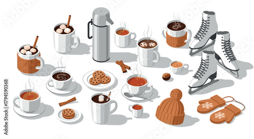 Cozy winter beverage and accessories collection in isometric style