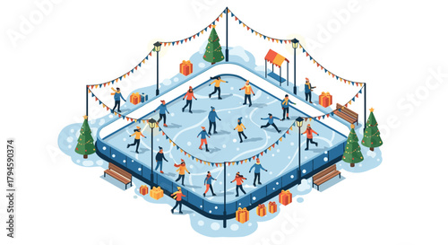 Festive ice skating rink scene with skaters, trees, and decorations