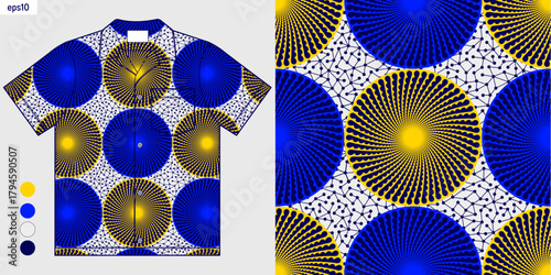 Mockup shirt design with seamless African wax print tribal circle pattern, simple hand drawn ethnic textile art for fabric printing, fashion apparel, and cultural clothing, not AI generated