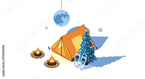 Winter camping scene with tent, campfires, christmas tree, and snowshoes