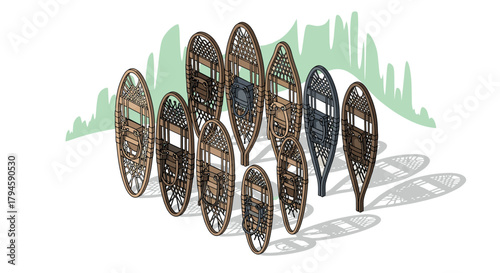 Vintage snowshoes collection with mountain silhouette backdrop