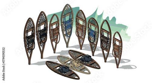 Snowshoes collection against winter background in isometric style
