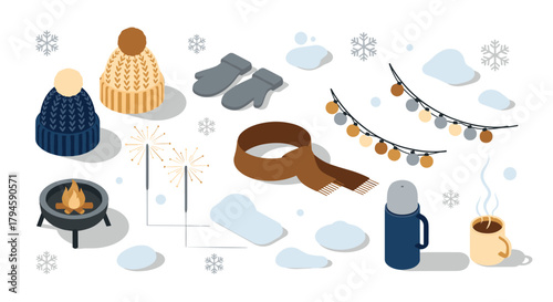 Cozy winter essentials hats, mittens, and more in isometric style