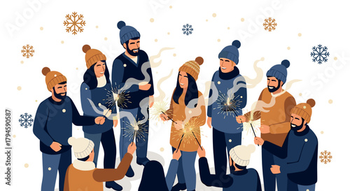 Group winter celebration with sparklers and snowflakes