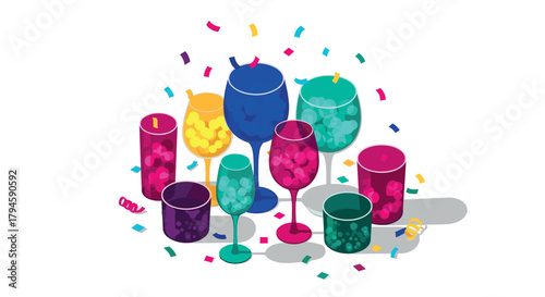 Colorful glasses and confetti celebration, festive party theme