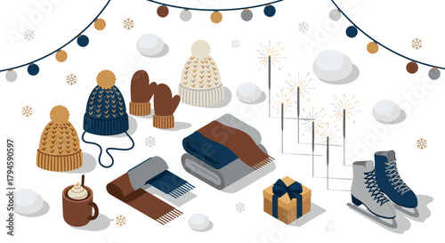 Cozy winter essentials and festive decorations in an isometric design