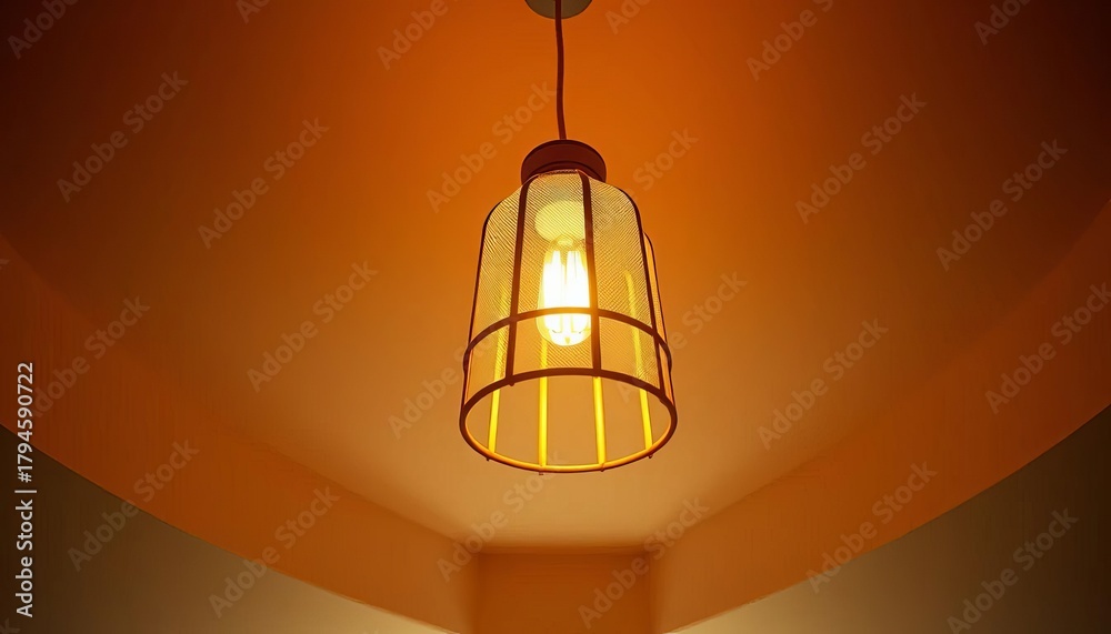 Obraz premium A warm-toned pendant lamp casts a soft glow on a ceiling, pendant light, design