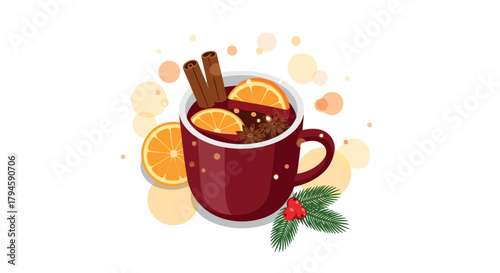 Cozy winter drink with orange slices and cinnamon in red mug
