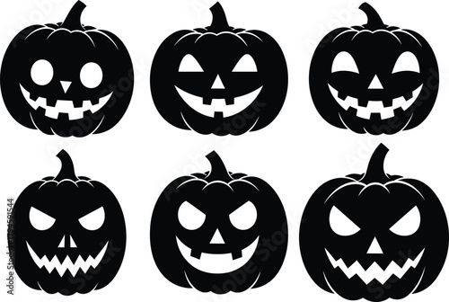 Halloween Jack-o'-Lantern Silhouette Set with Varied Expressions for Festive Design Use