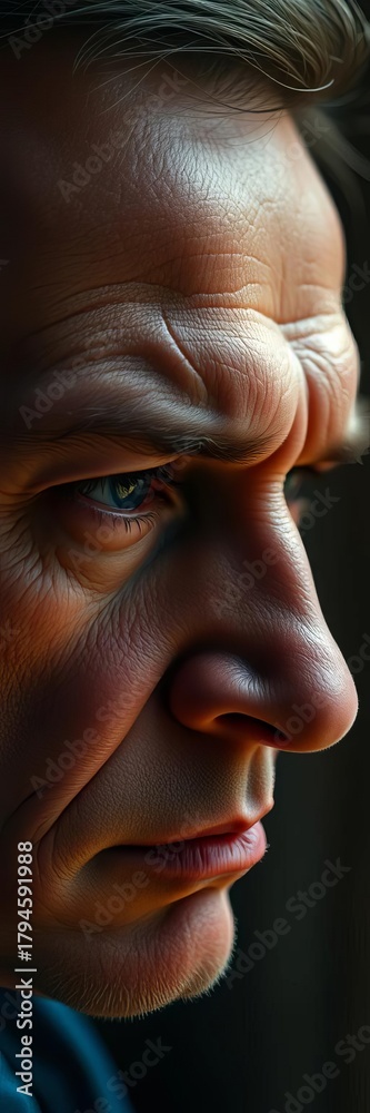 Fototapeta premium Deep in contemplation, brow furrowed slightly, eyes looking distant, quiet moment, quiet reflection