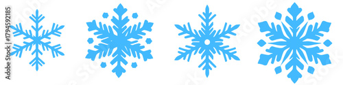 Four light blue, stylized snowflakes of varying sizes and designs are isolated on a transparent  background, creating a simple, graphic wintery aesthetic.