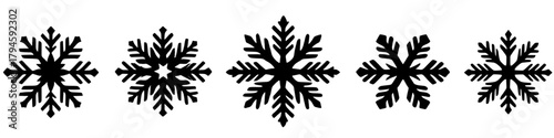 This image features five distinct snowflake designs, each rendered in black silhouette against a clean white background. The snowflakes are varied in their intricate patterns and shapes.