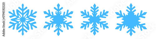 a set of four unique light blue snowflake designs on a transparent background