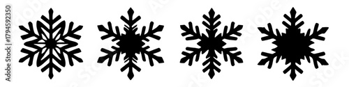 four unique black snowflake silhouettes on a white background, perfect for winter holiday designs