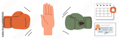 Orange and green boxing gloves, raised hand stop gesture, calendar with notification, and certificate signifying conflict resolution, negotiation, sports strategy. Ideal for goal setting, deadlines