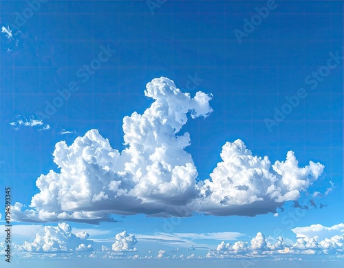 Billowy white clouds float against a bright blue sky